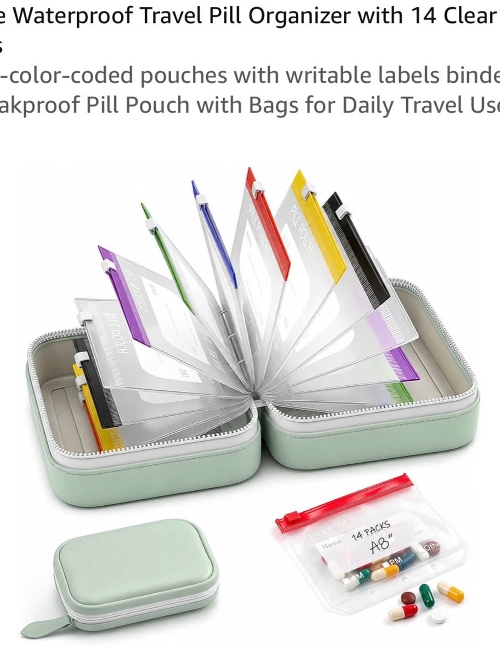Travel Pill Organizer Case with 14 Color-Coded Pouches - Mint